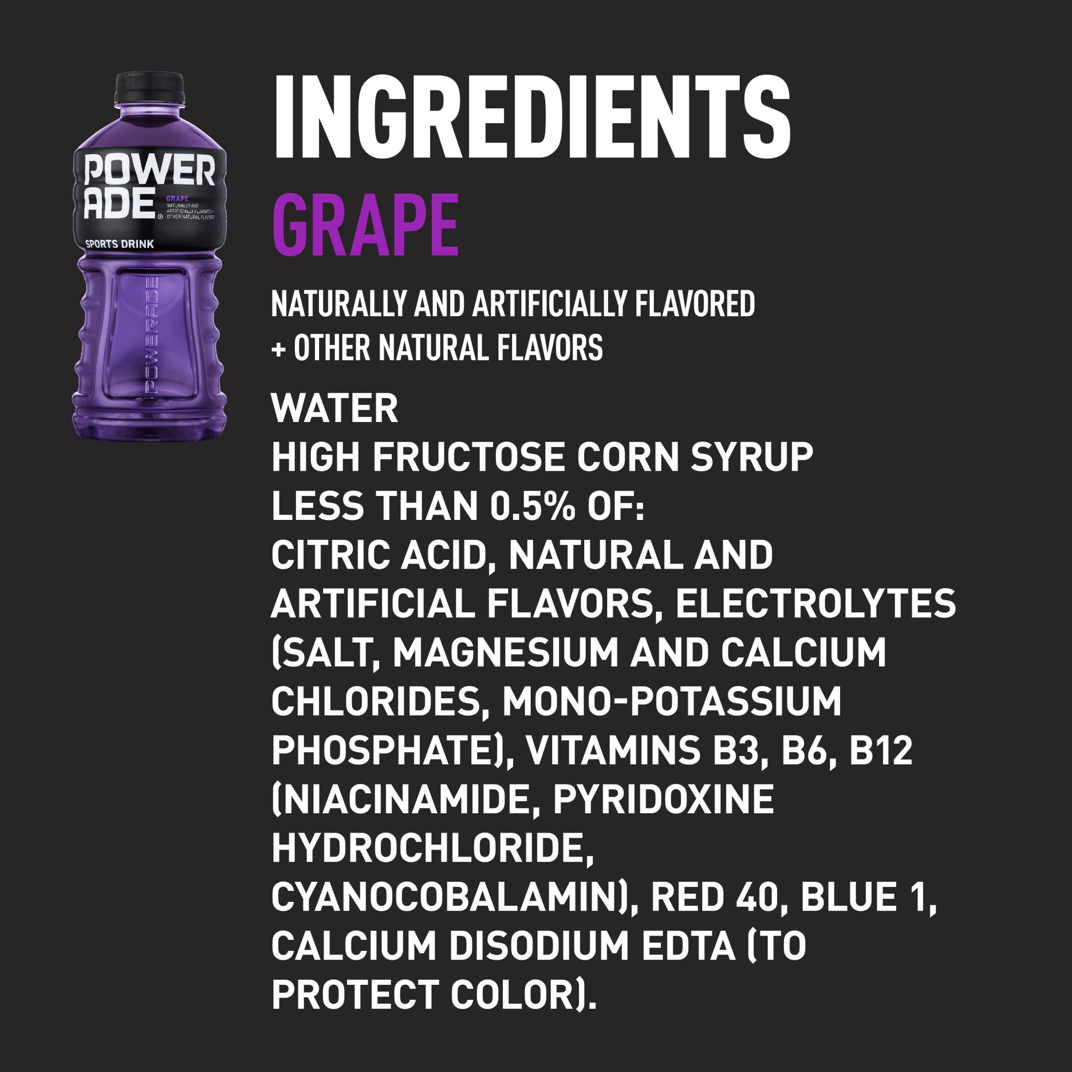 POWERADE Grape, ION4 Electrolyte Enhanced Fruit Flavored Sports Drink w/ Vitamins B3, B6, and B12, Replenish Sodium, Calcium, Potassium, Magnesium, 32 fl oz