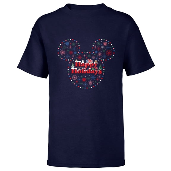 Disney Mickey Mouse Icon Christmas Lights Happy Holidays - Short Sleeve T-Shirt for Kids - Customized-Navy