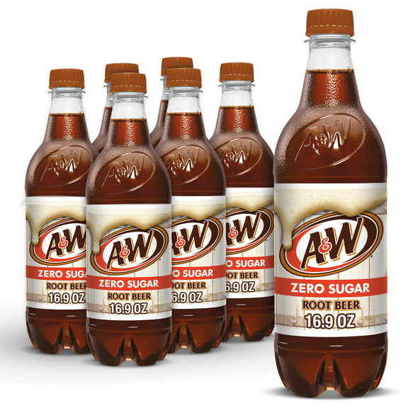 A&W Zero Sugar Root Beer Soda Pop, 16.9 fl oz, 6 Pack Bottles