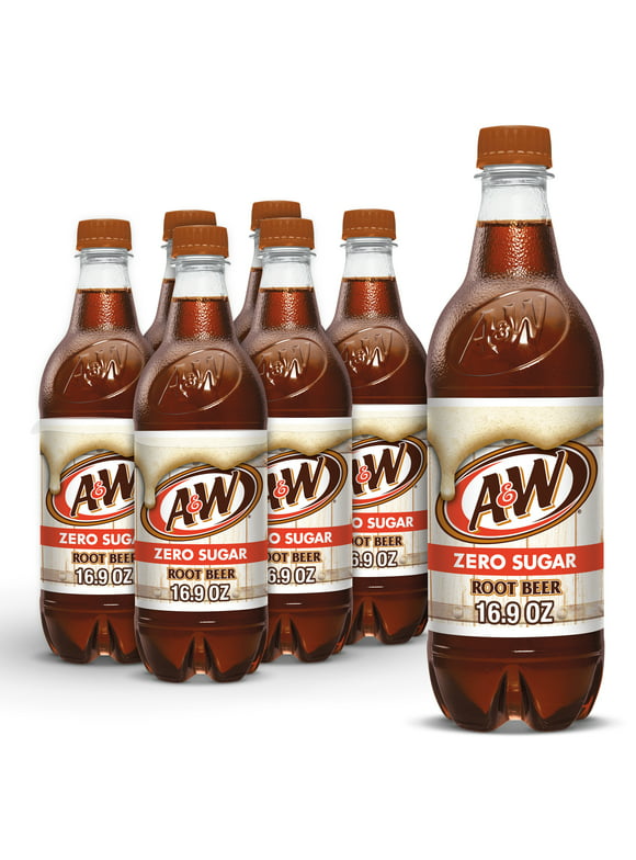 A&W Zero Sugar Root Beer Soda Pop, 16.9 fl oz, 6 Pack Bottles