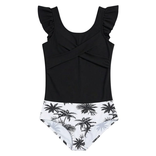 FYEGRE Girls Bathing Suit Two Piece Ruched Long Sleeve Rash Guard Print Design Swimsuit Black 9-10 Years