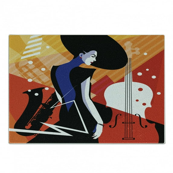 Abstract Woman Cutting Board, Modern Musical Jazz Poster Inspired Artwork with Trumpet, Decorative Tempered Glass Cutting and Serving Board, in 3 Sizes, by Ambesonne
