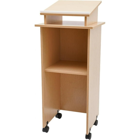 44in Portable Podium Rolling Conference Presentation Stand, Mobile Wood Podium w/Wheels, 2 Shelf Open Cabinet for Conference Rooms, Classrooms,etc(Oak)
