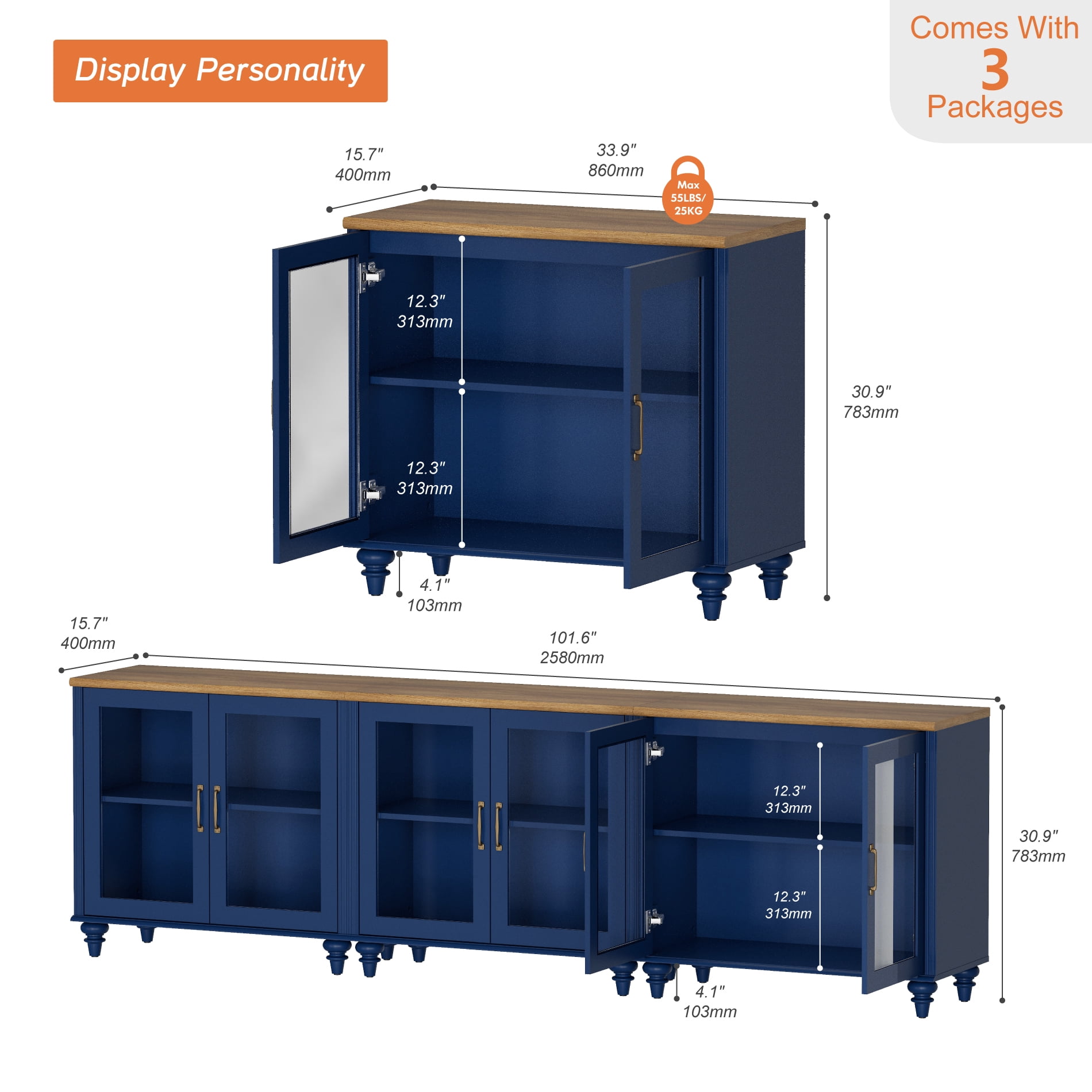 Dresser for Bedroom with 6 Glass Doors, Kids Dressers with Adjustable Shelf, Mid Century Modern Wooden Closet Storage Organizer, Large Wood Dressers for Living Room, Nursery, Hallway, Navy Blue