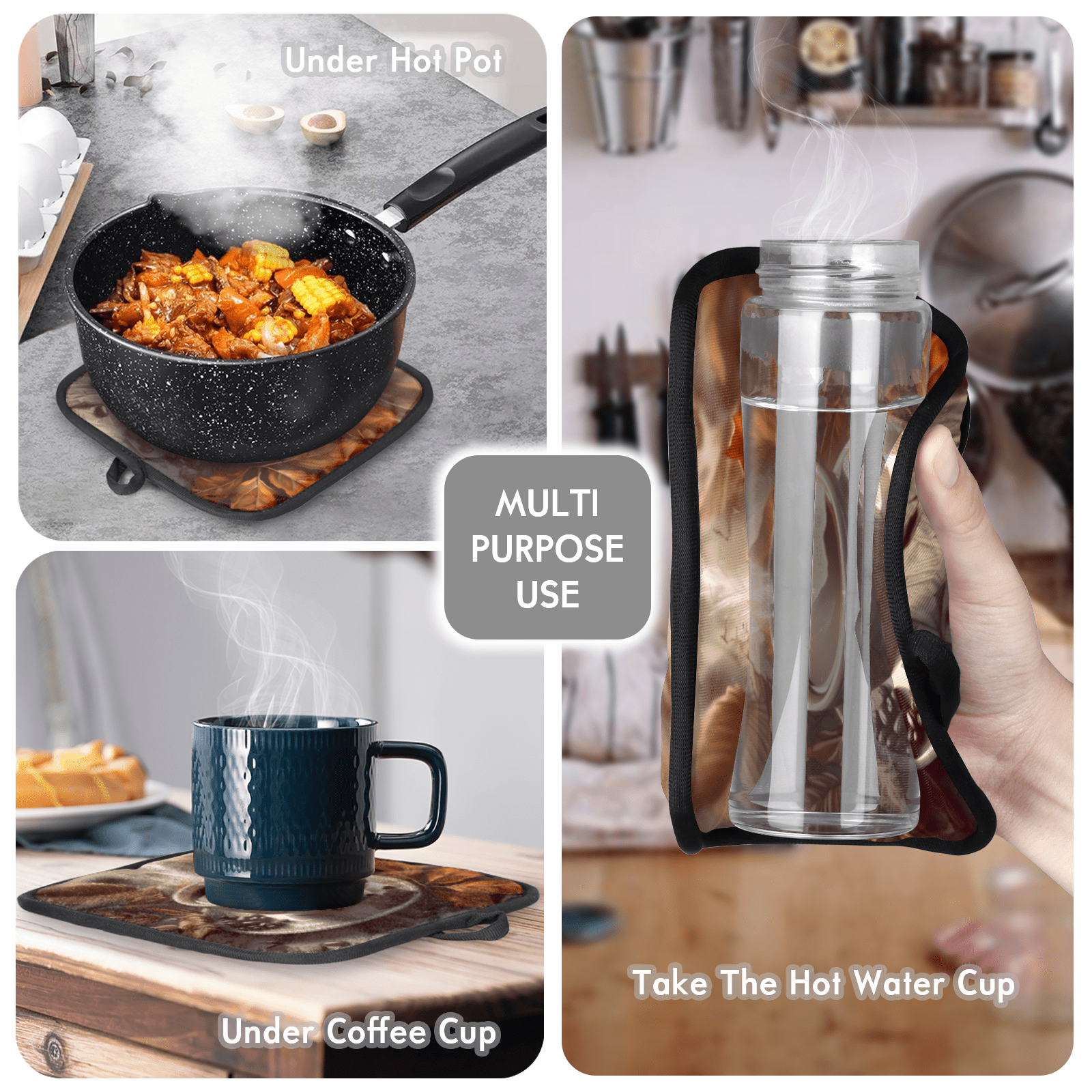 CURLYOOT Coffee Themed Oven Mitts and Pot Holders Sets of 2, Non-Slip Washable Hot Pads and Oven Gloves for Kitchen Cooking Baking