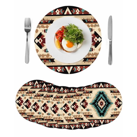 Boho Brown Teal Red Round 13 Inch Placemats Set of 8 Southwestern Geometric Abstract Retro HeatResistant Non Slip Place Mats for Dining Table Wipeable Braided Kitchen Table Mats for Housewarming