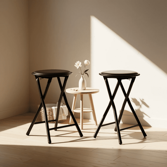 FurnitureR 2PCS Folding Stool, 11.8" Round Portable Collapsible Stool with Padded Seat, 18.11" Tall Folding Chair for Living Room, Kitchen, Office, Black