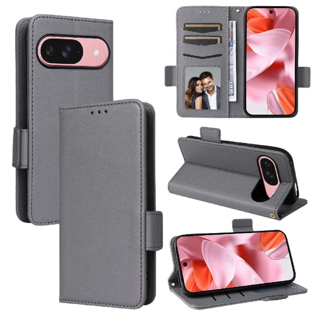 Wallet Case for Google Pixel 10 Flip Cover with Card Slots & Kickstand Gray