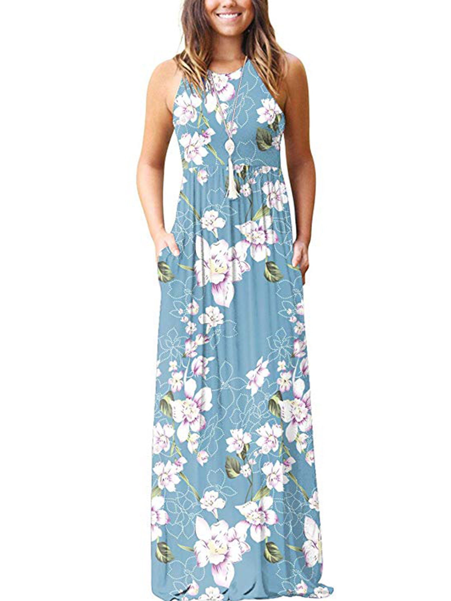 100% Cotton Floral Striped Maxi Dress Scoop Neck Sleeveless Sundress Summer S-XL 