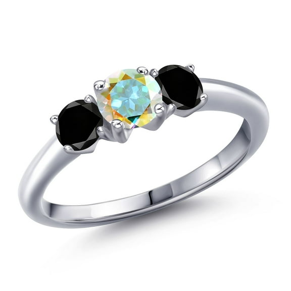 Gem Stone King 925 Sterling Silver Mercury Mist Mystic Topaz and Black Diamond Engagement Ring for Women | 1.09 Cttw | Round 5MM | Gemstone November Birthstone | Size 8