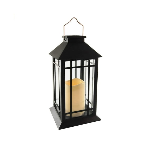 LumaBase Solar Lantern with LED Candle, 11 Inch Height, Black Window Design