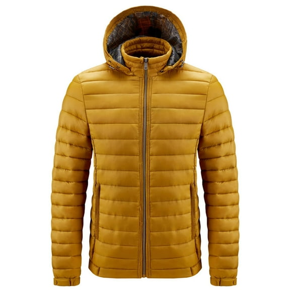 hoksml Men's Solid Color Hooded Puffer Jacket Winter Warm Zip-Up Hooded Coat with Zipper Pockets for Cold Weather