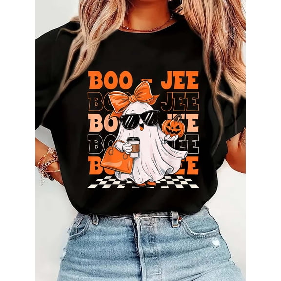 Cute Ghost Boujee Boo-Jee Funny Halloween Spooky SeasonCrew Neck Graphic Tee Cotton Women T-Shirt