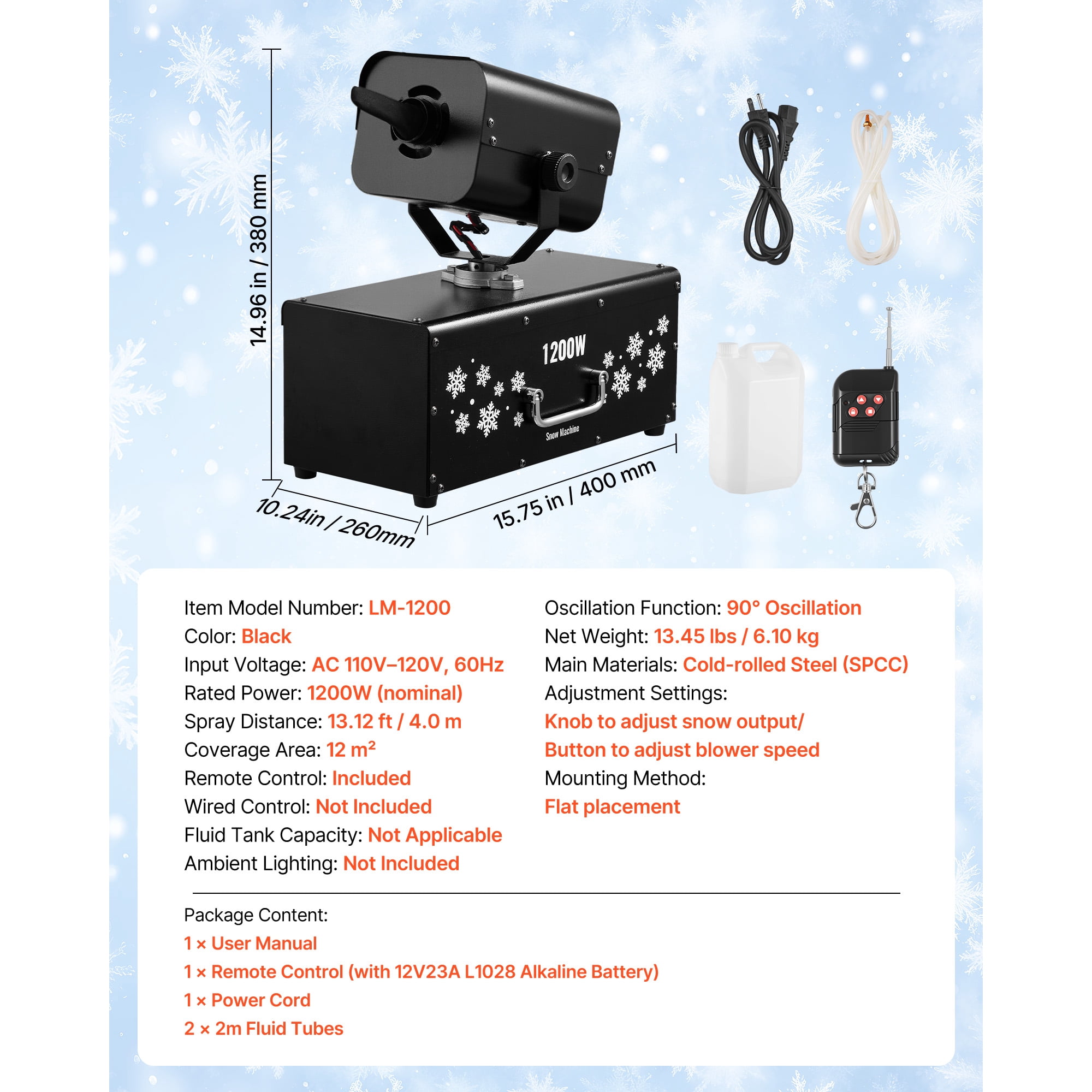 KFFKFF 1200W Snow Machine Oscillating Snowflake Effect Machine for Holiday Events & Weddings SPCC Cold‑Rolled Steel 15.75"×10.24"×14.96" Black