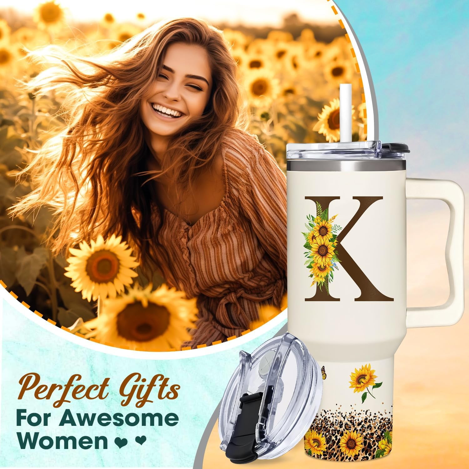 Personalized Birthday Gifts For Women - Sunflowers Monogrammed Cup For Mother's Day - Customized Gifts For Women, Mom, Grandma, Boss Lady, Her - Custom Tumbler With Handle 40oz