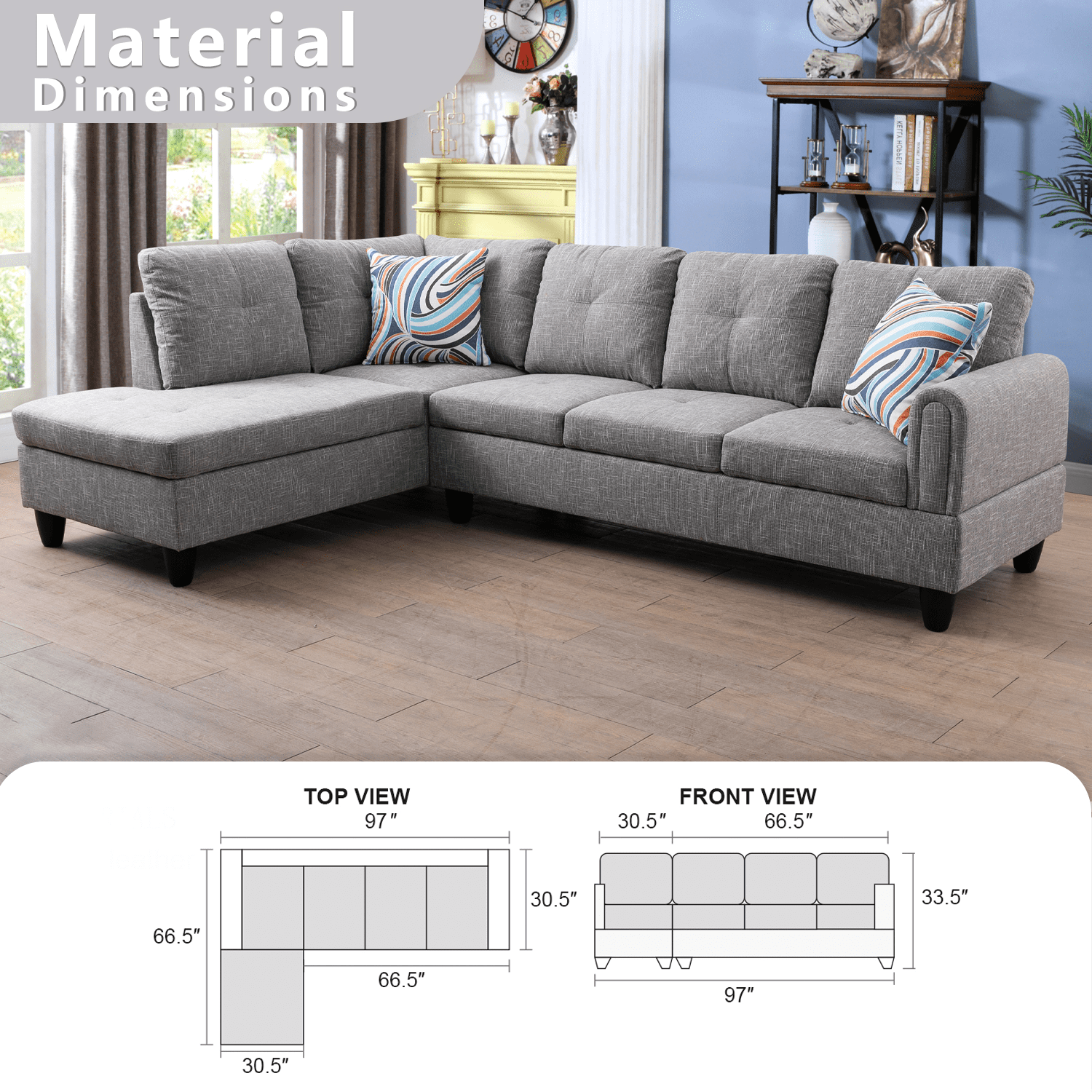 Aukfa Sectional Sofa, Living Room Couch with Storage Ottoman, Left Facing, 2Pillows, Flannel, Gray