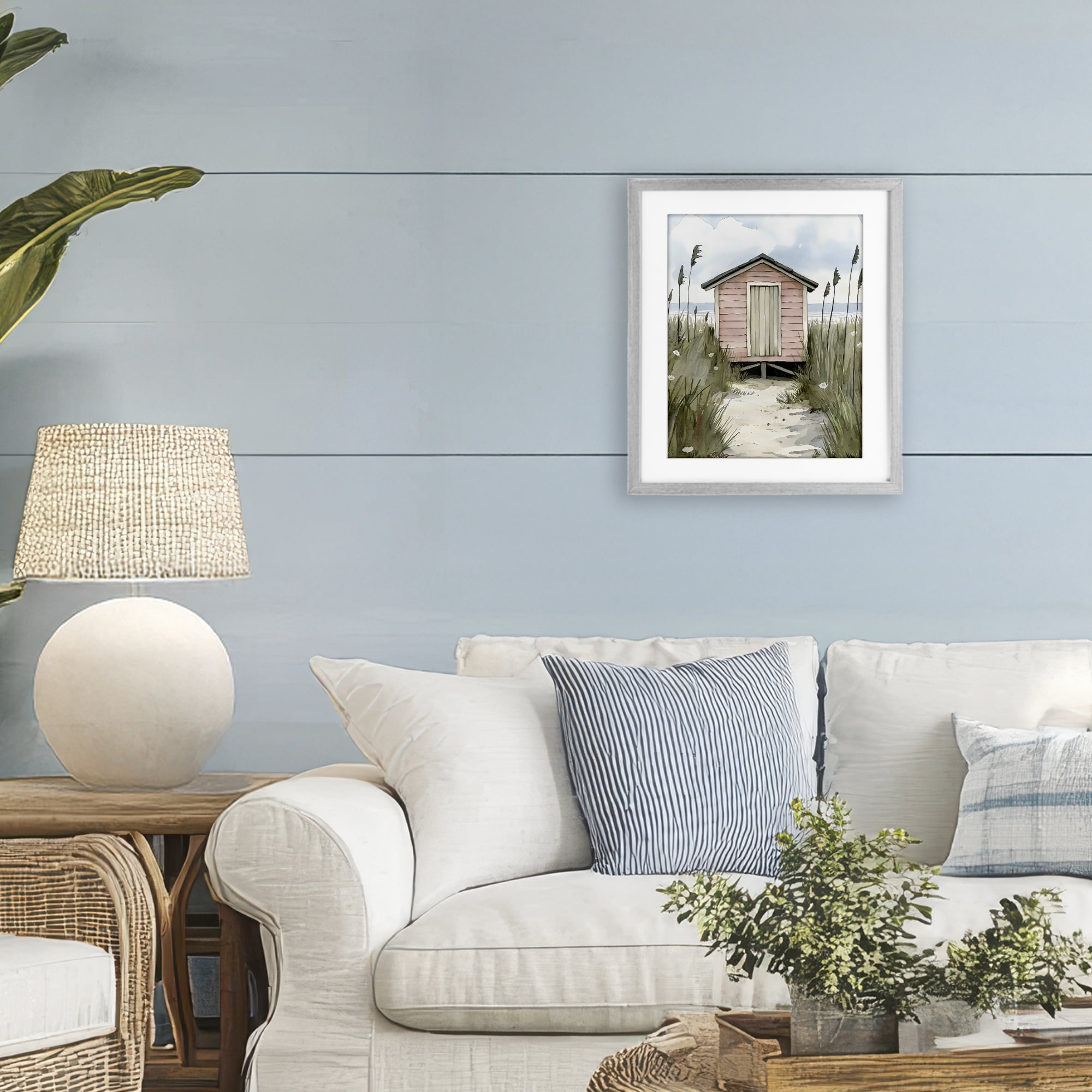 Stupell Industries Coastal Calm Pink Beach Hut Gray Framed Print Under Glass, design by Riley B