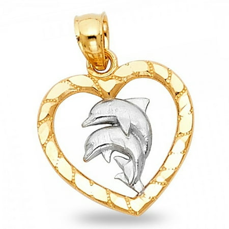 Heart Dolphins Pendant Solid 14k Yellow White Gold Fish Charm Genuine Small Two Tone 15 x 16 mm