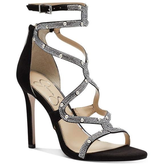 Jessica Simpson Janya Black Stiletto Heel Open Toe Ankle Strap Heeled Sandals (Black, 10)