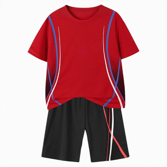 Xudanell Boys Athletic Summer Outfits Kids Quick Dry Breathable Soccer Jersey Outfit Toddler Sports Top Shorts 2 Piece Workout Set (Red, 13-14 Years)