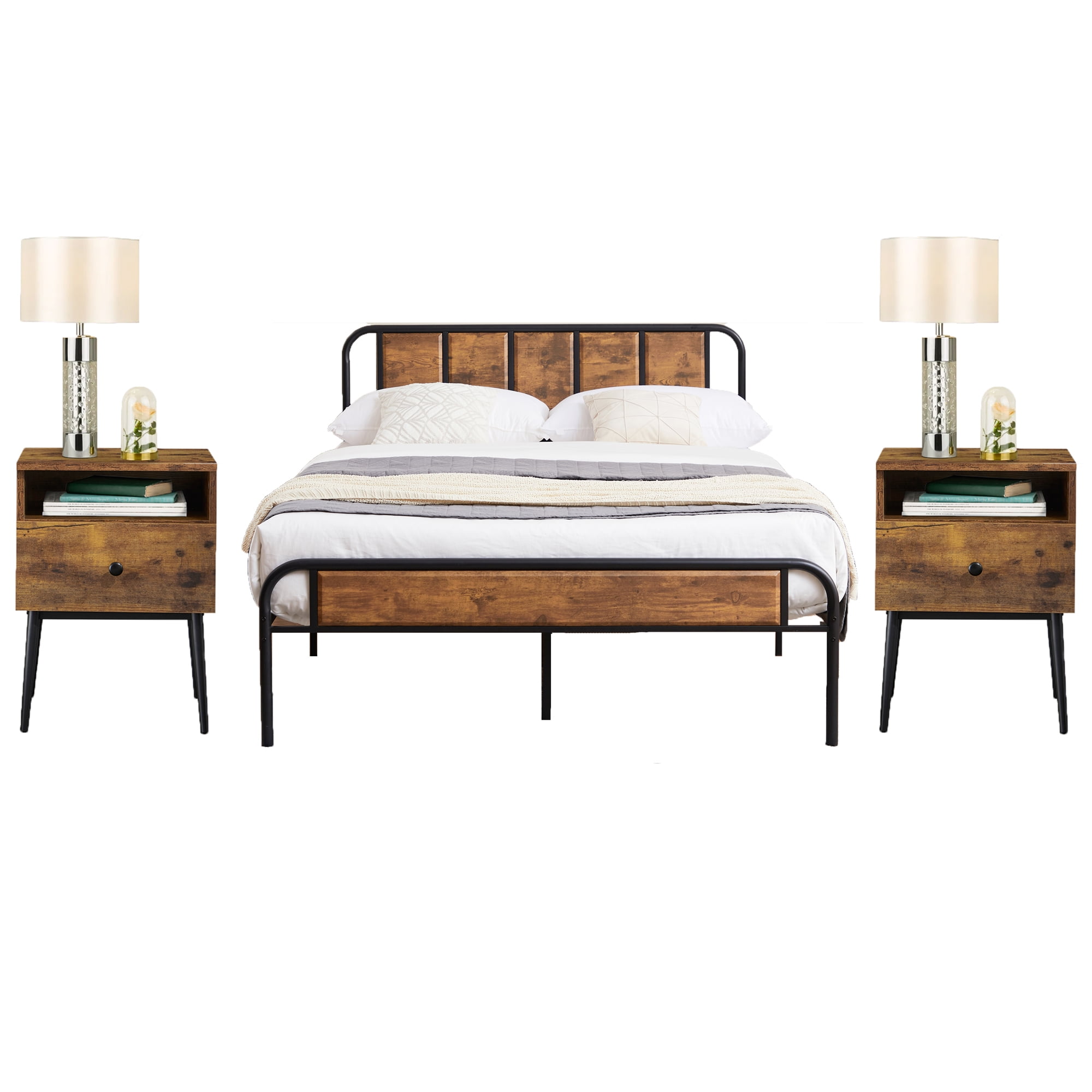 VECELO 3 Piece Bedroom Set Queen Metal Bed Frame And Nightstand (Set of
