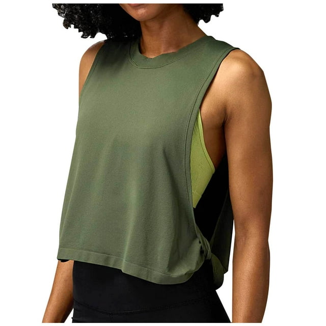 Timegard Womens Workout Tank Top Athletic Running Loose Cropped Top Tee Side Knot Solid Color Pullover