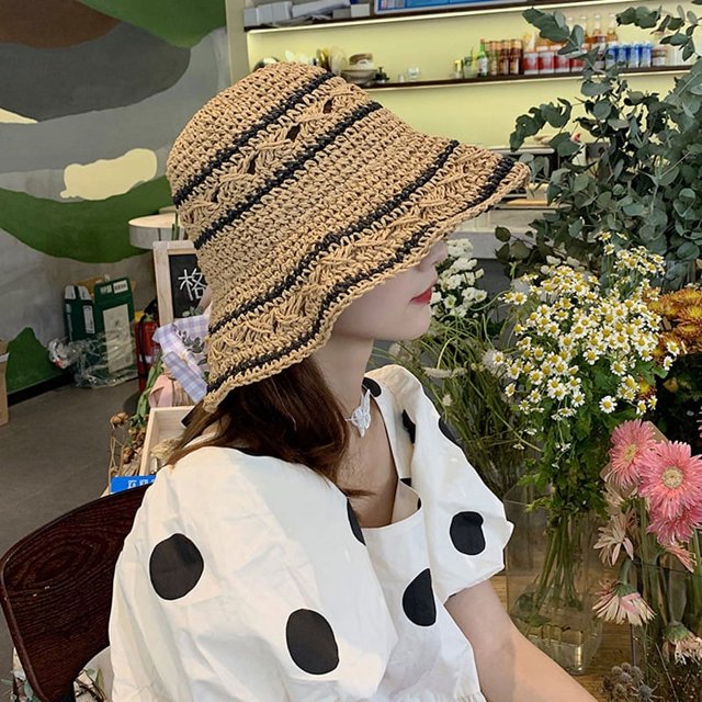 LinYooLi Sun -Sunshing Straw Hat Female Lace Bow Hollow Hook Hats Summer Sun Hats Are Fashionable And Foldable Pots