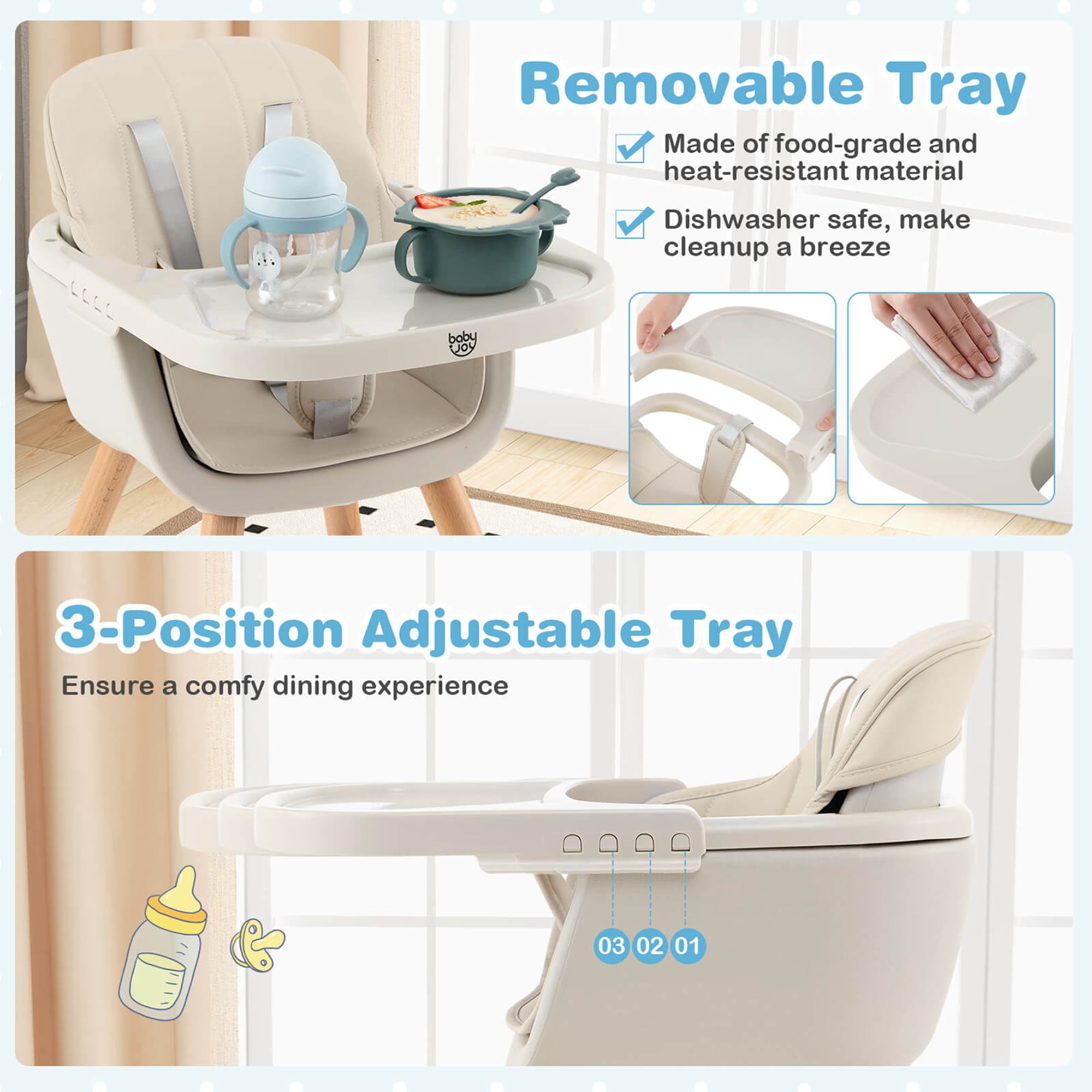 Babyjoy 3 in 1 Convertible Wooden High Chair Toddler Feeding Chair with Cushion Beige