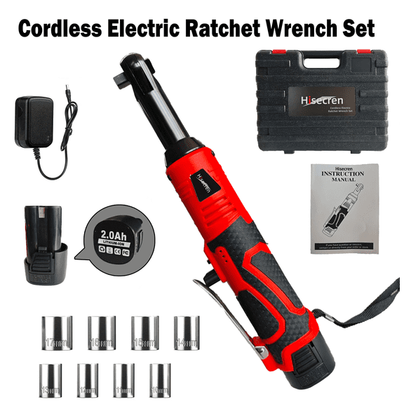 Hisecren Cordless Electric Ratchet Wrench Set, 3/8In-18V 40Ft Electric Variable Speed Ratchet Wrench with 7 Sockets,Extended Ratchet Tool