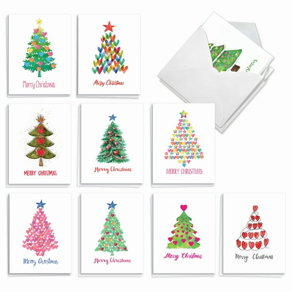 20 Merry Christmas Note Cards with Envelopes (4" x 5.12") - Holiday Hearts (10 Designs, 2 Each) AM2916XSG-B2x10