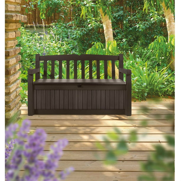 Brown Resin Outdoor Patio Garden Bench, Resin Garden Bench With Storage