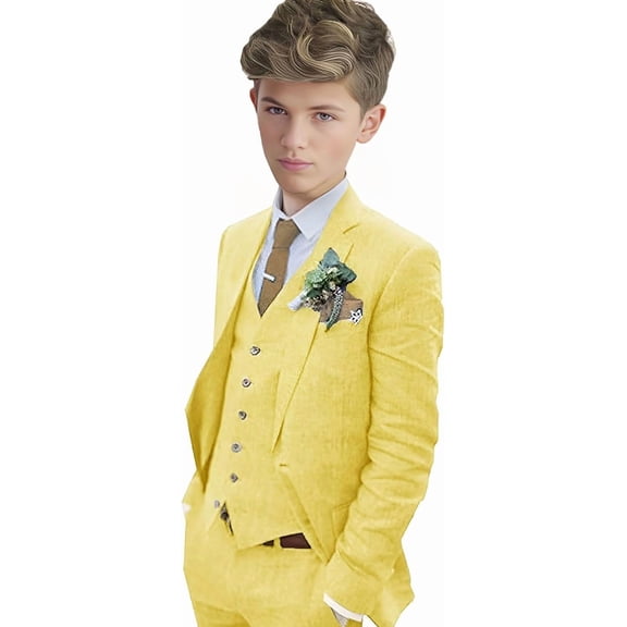 Boys Linen Suit Boys Tuxedo Slim Fit 3 Piece Summer Suit Kids Linen Suit Jacket Vest Pant