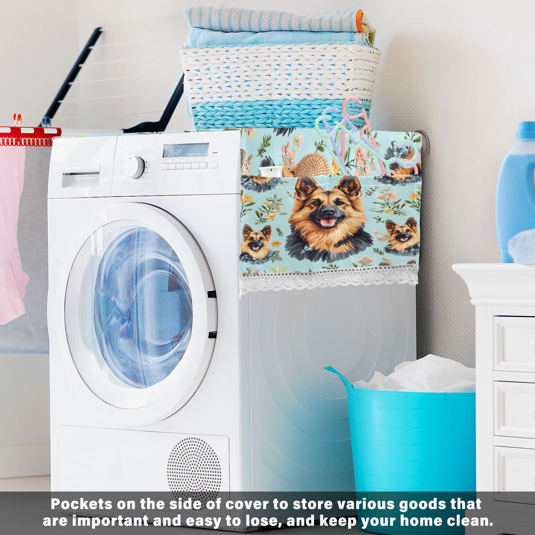 Shepherd DogWasher and Dryer Covers Dust-Proof and Oil Resistant Fridge Cover with 4 Storage Pockets Washing Machine Top Cover for Laundry Kitchen Home 51.2 x 22 In