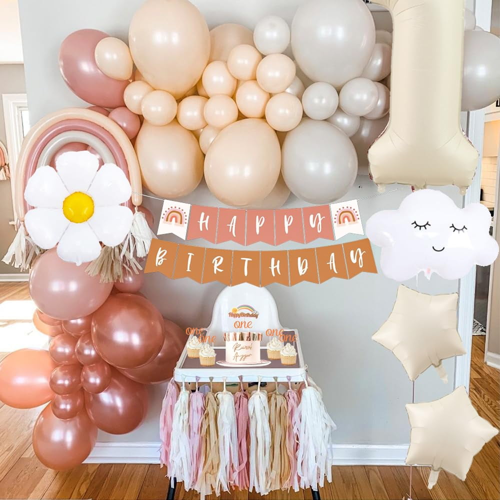SPECOOL Boho Rainbow 1st Birthday Decorations, Bohemian Balloon Happy Birthday Banner Baby Month Photo Banner, Beige Number 1 Foil Balloon for Girls First Birthday Party Supplies Baby Shower