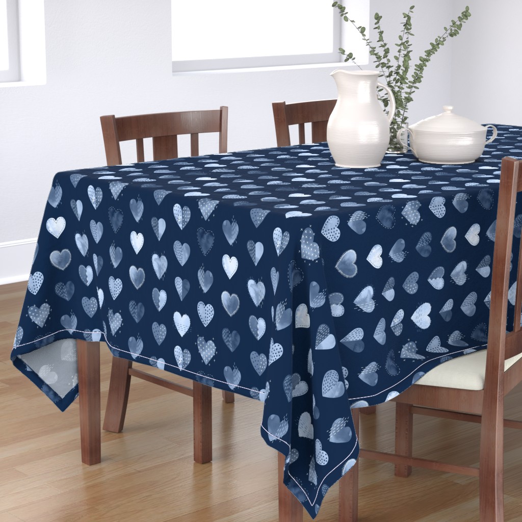 Tablecloth Navy Hearts Valentine' Day Boro Blue Watercolor Sashiko