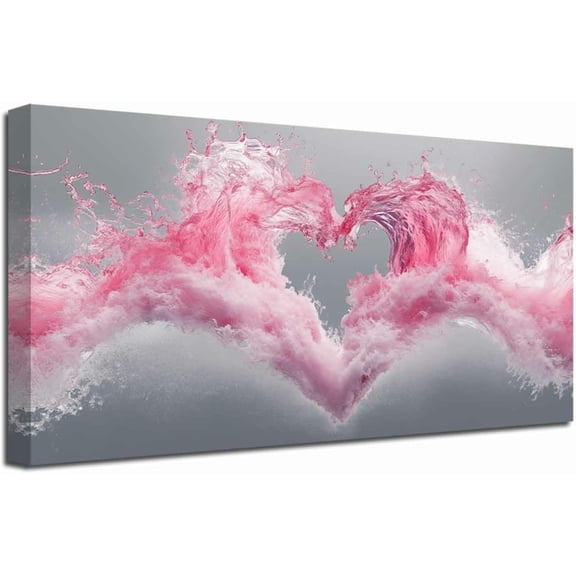 ZHONGYUTONG Large Gray and Pink Abstract Canvas Wall Art Love Heart Water Picture Prints Ocean Wave Art Romantic Paintings Wall Decor for Girls Bedroom Bathroom (12.00" x 24.00")