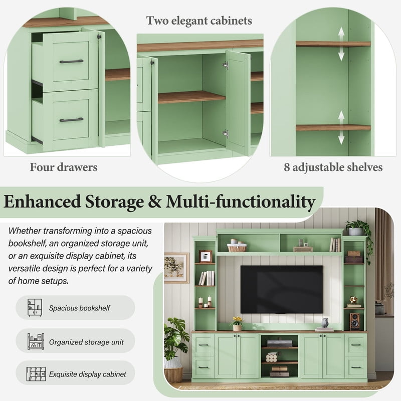 Farmhouse 4-in-1 Entertainment Center Wall Unit for TVs up to 70" with Bookshelf, TV Stand with Drawers and Adjustable Shelves for Living Room