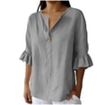 thumbnail image 2 of Naotn Ruffle 3/4 Sleeve Linen Shirts for Women Summer Casual Solid Color Button V Neck Tunic Tops, 2 of 8