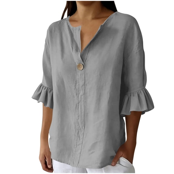 cocolona Womens Summer Trendy Linen Tops V Neck Ruffle 3/4 Sleeve Button Shirts Dressy Casual Loose Blouses