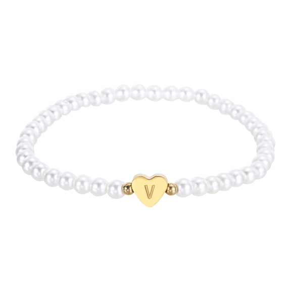 Uxcell Pearl Initial Bracelet for Women, Gold Heart Charm Dainty Pearl Letter Bracelets for Women Wedding Trendy Birthday Gifts, V