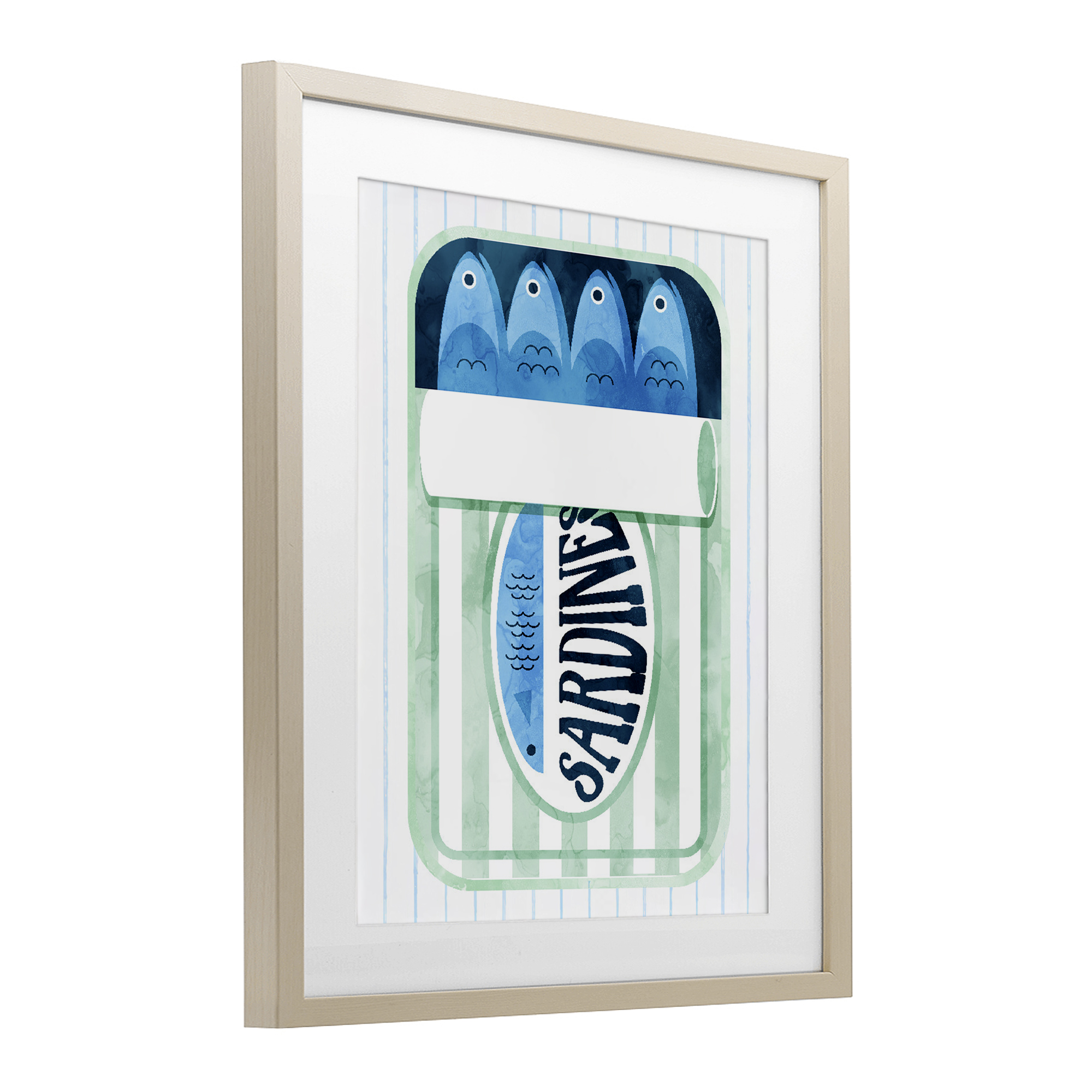 Seafoam Sardine Tin over Stripes Birch Framed Print Under Glass, design by Daphne Polselli