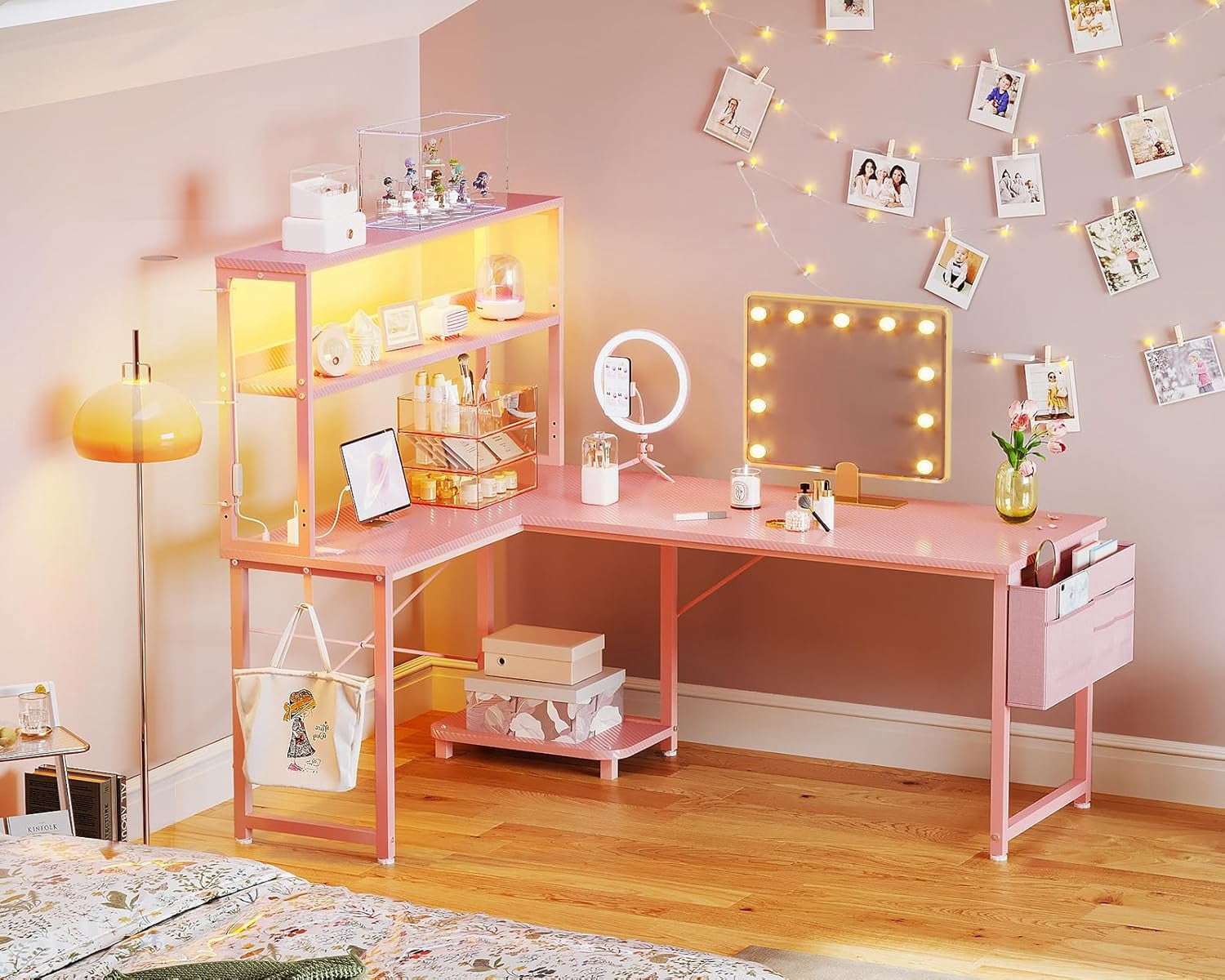 53 Inch L Shaped Desk with LED Lighting, Reversible Gaming Desk with Power Outlets, Cornor Computer Table with Storage Shelves & Bag & Iron Hook, Home Office Table for Writing, Study, Pink
