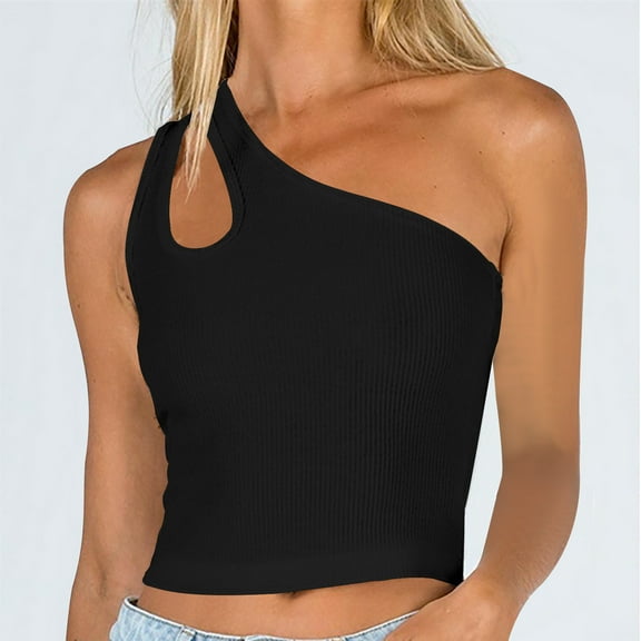 Pitauce Women's Sexy One Shoulder Sleeveless Tank Tops Seamless Stretchy Ribbed Knit Athletic Sports Fitness Casual Basic Crop Tops Workout Yoga Tees Going Out Tops