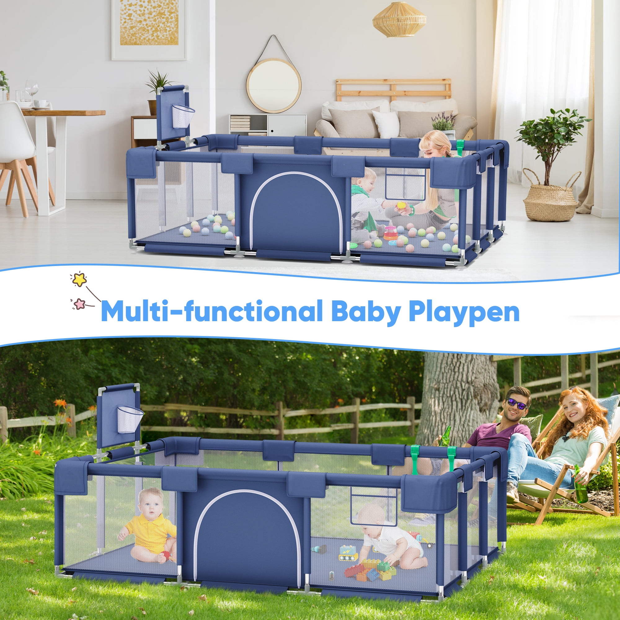 babyeap Baby Playpen,73 Inch Extra Large Baby Playard,Playpen for Babies and Toddlers With Basketball Hoop,Children Kids Play Fence for Indoors Outdoors,Blue