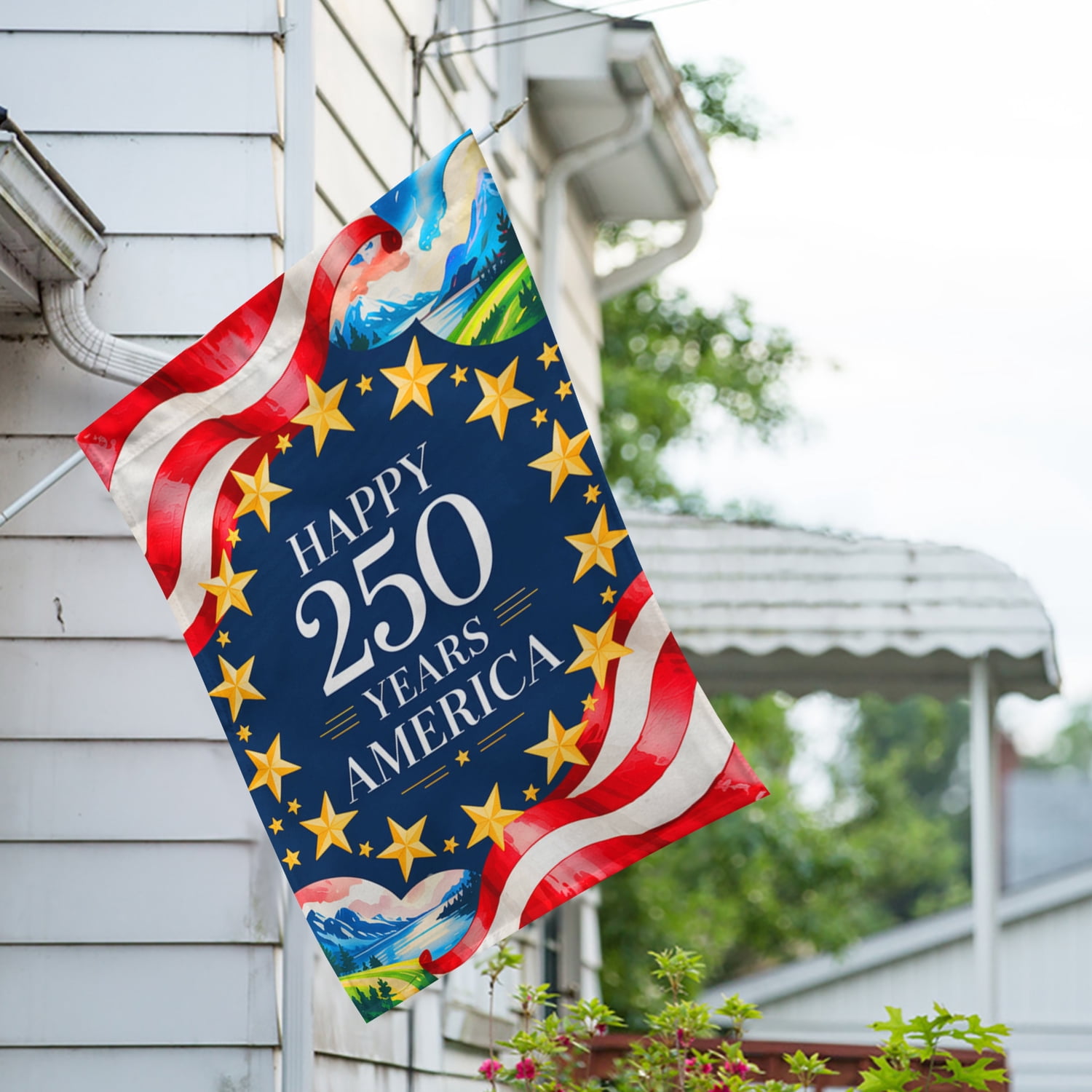 America Forever Happy 250 Years America House Flag, 28 x 40 inch Double Sided, Mountain Landscape Flag, USA Semiquincentennial, Patriotic 250th Anniversary Celebration