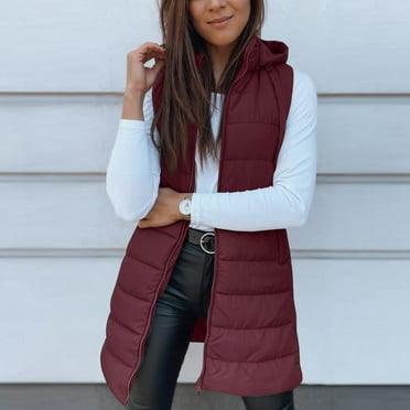Long Puffer Vest Women 2025 Fall Winter Warm Quilted Sleeveless Vest with Hood Puffy Zip Up Coat Outerwear Wine L