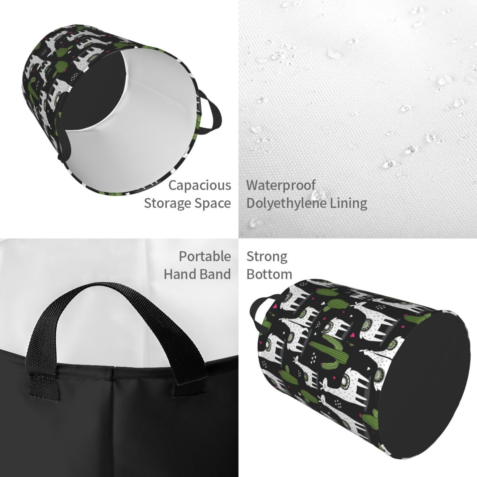 Large Laundry Basket with Handles - llama alpaca cactus heart black Kids Baby Dirty Clothes Laundry Hamper for Bedroom Aesthetic