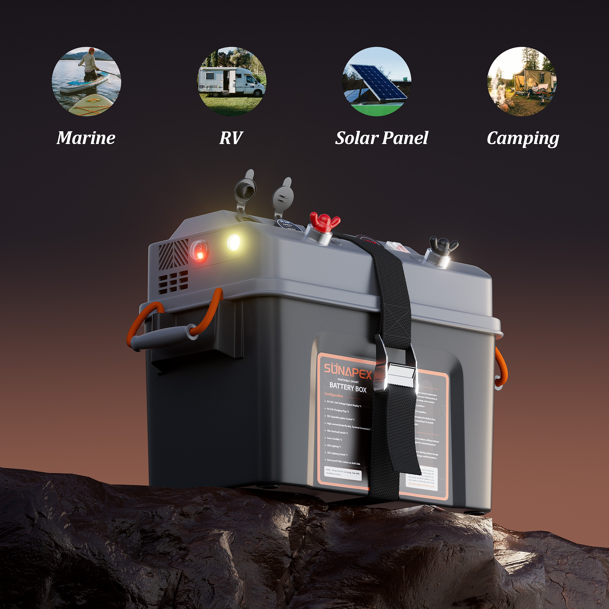 SUNAPEX Smart Battery Box 12V/24V Power Center - Multi Ports & Circuit Breaker for Trolling Motor, Marine,RV & Solar Panel (Pro,Battery Not Included)