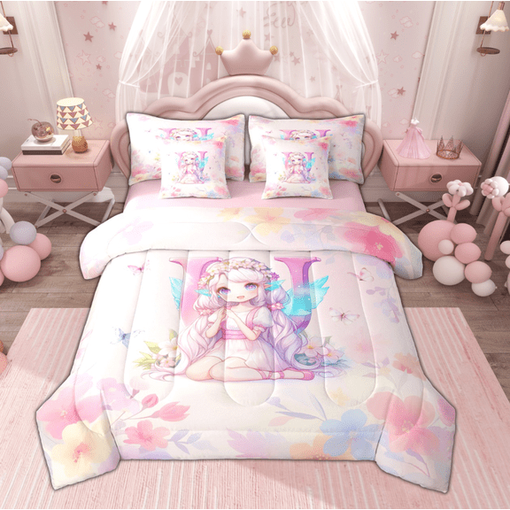 Feelyou Teen Kawaii Fairy Twin Bedding Sets 7-Piece, Initial U Letter Bedding Comforter Set, Fairy Tale Princess Reversible Sheet Sets, Super Cozy Room Decor