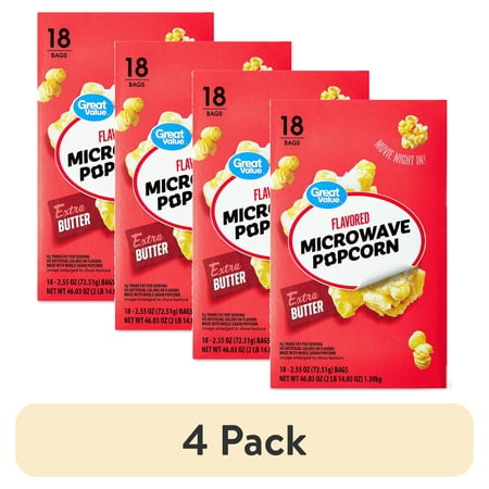 Great Value Microwave Popcorn, Butter, 6 Count Cheap (4 Pack) Great Value Extra Butter Flavored Microwave Popcorn, 18 Count, 2.55 Oz Bags